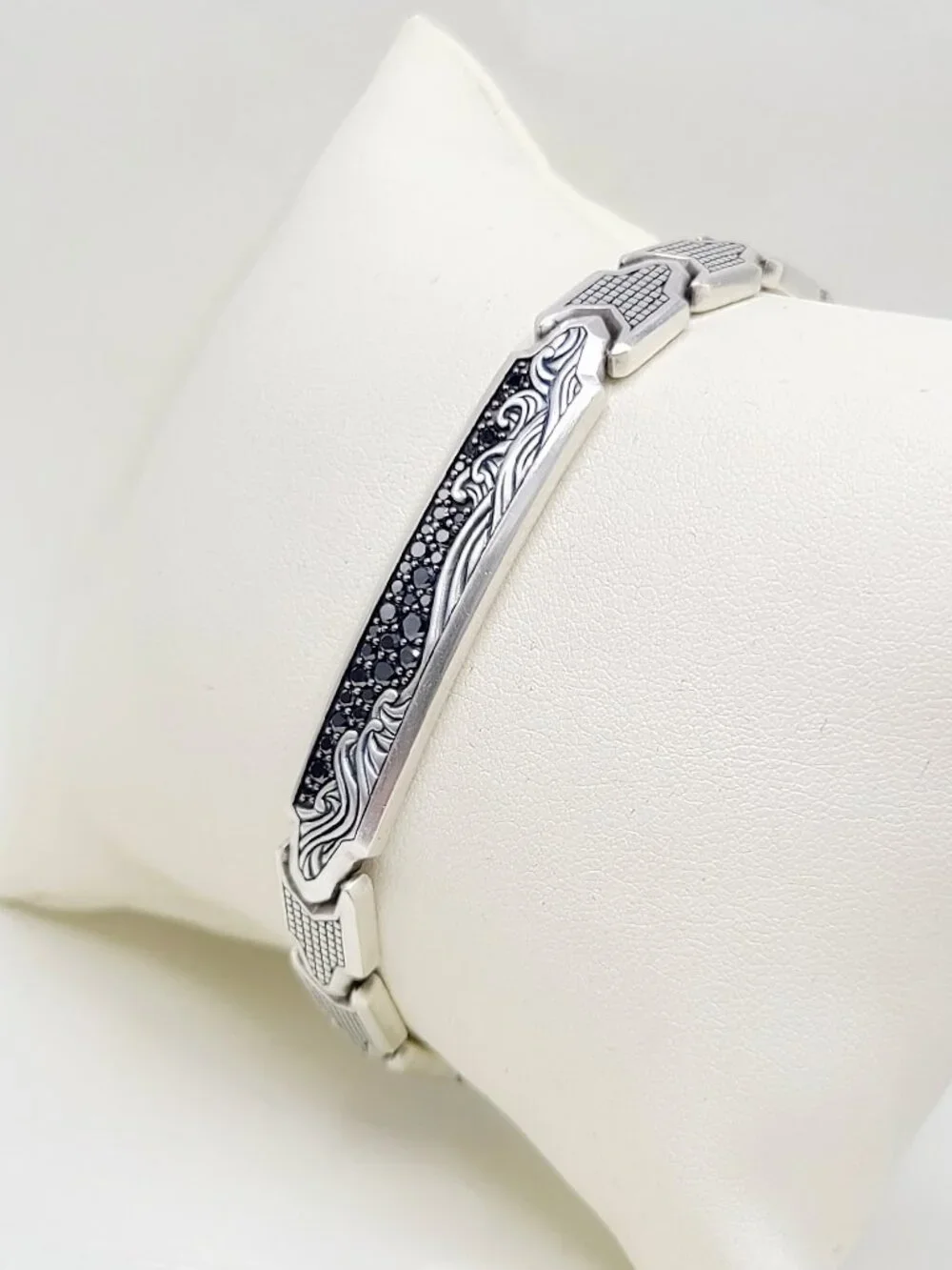 David Yurman Waves ID Link Bracelet w/ Pavé Black Diamonds - 9mm - Size Medium
